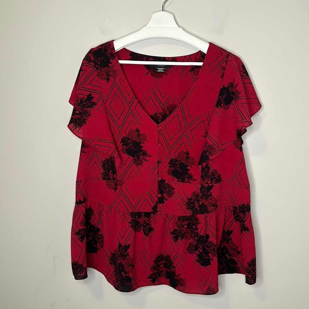 Michel Studio Black and Red Front Button Blouse Flutter Sleeves